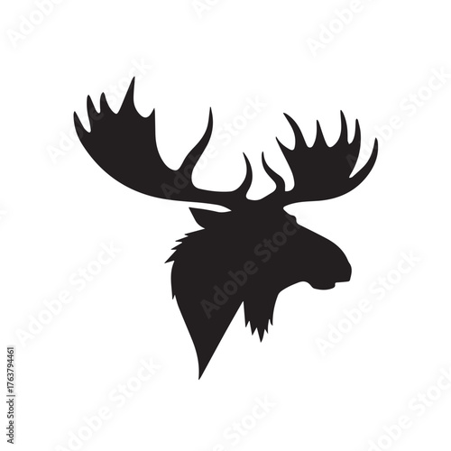 moose silhouette vector illustration features a bold, black outline of a moose standing gracefully against a clean white background. The moose is depicted in profile, showcasing its large, mescal