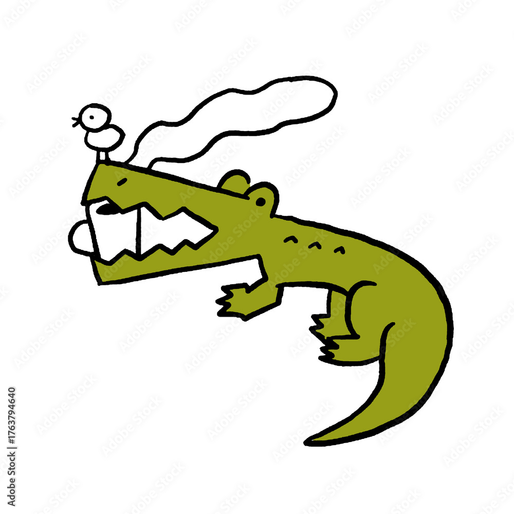 Obraz premium Funny Crocodile Drinking Coffee With Bird On Its Head