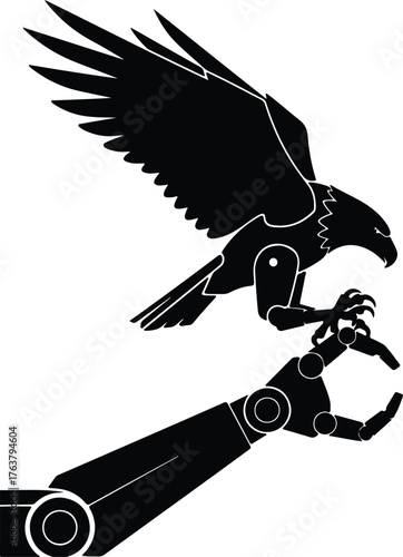 Vector American bald eagle landing on robotic hand silhouette illustration