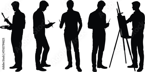 Artist silhouette standing and painting on canvas with brush and palette, creative painter vector illustration, art studio concept black design