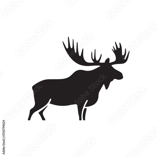 moose silhouette vector illustration features a bold, black outline of a moose standing gracefully against a clean white background. The moose is depicted in profile, showcasing its large, mescal