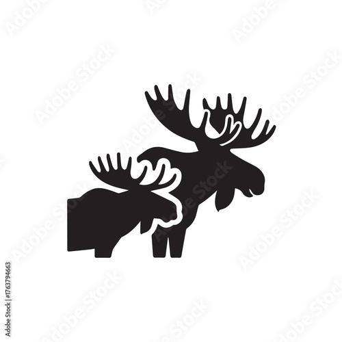 moose silhouette vector illustration features a bold, black outline of a moose standing gracefully against a clean white background. The moose is depicted in profile, showcasing its large, mescal