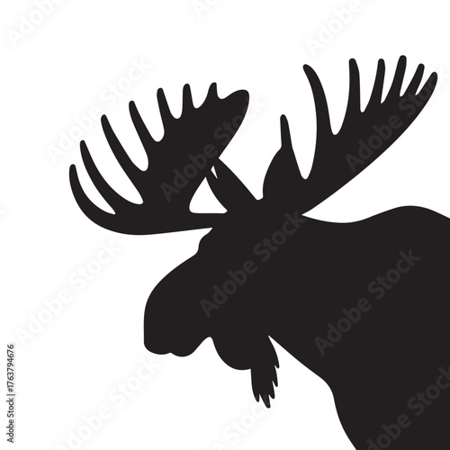 moose silhouette vector illustration features a bold, black outline of a moose standing gracefully against a clean white background. The moose is depicted in profile, showcasing its large, mescal
