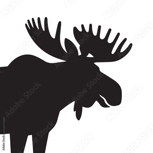 moose silhouette vector illustration features a bold, black outline of a moose standing gracefully against a clean white background. The moose is depicted in profile, showcasing its large, mescal