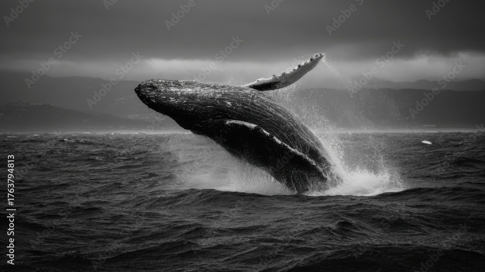 Fototapeta premium Majestic humpback whale bursts out of ocean in stunning breach, creating powerful splash. Blue sea water background. Energy of marine life, natural habitat. Wildlife, adventure, oceanic wonder.