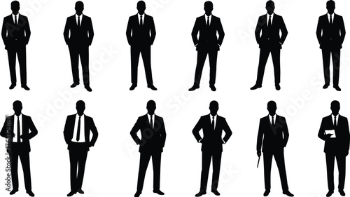 Business professional silhouette illustration, black and white corporate attire vector, suit and tie poses artwork, office posture design elements
