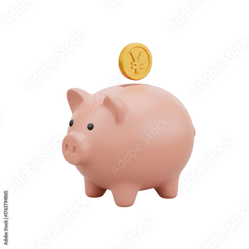 3d icon of pink piggy bank with a japanese yen coin being inserted, isolated on transparent background