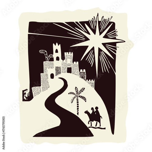Faith based holy night in town of Bethlehem christian christmas card design. Black and white hand drawn vector motif with Mary, Joseph on a donkey, manger skyline. Isolated flat sentiment banner.
