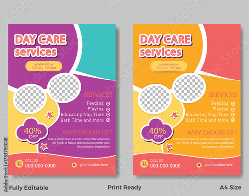 flyer, day care, services, children, kids, education, playing, feeding, nap time, bath time, discount, offer, promotion, contact, phone, location, editable, print ready, A4, template, advertisement, p
