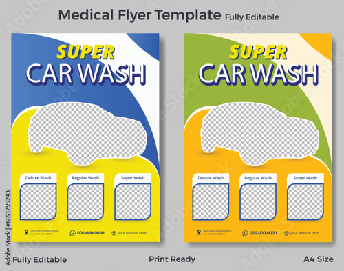 car wash, auto detailing, flyer, template, super car wash, deluxe wash, regular wash, super wash, car shape, photo placeholder, phone number, website, fully editable, print ready, A4 size, graphic des