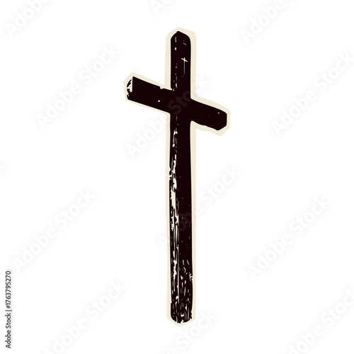 Holy pilgrims way shell signpost symbol icon of scallop sign. St James cross route religious motif sign for walkers seeking sanctuary on camino, European Santiago de Compostela sacred holy pilgrimage.