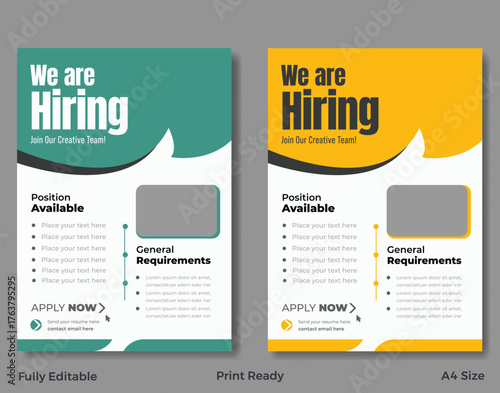 hiring, job, employment, recruitment, flyer, template, poster, advertisement, business, company, join our team, creative team, position available, general requirements, apply now, contact email, green