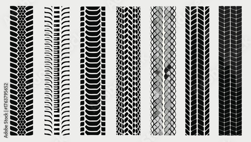 Diverse tire tread patterns showcase grip and adventure, perfect for automotive and adventure designs