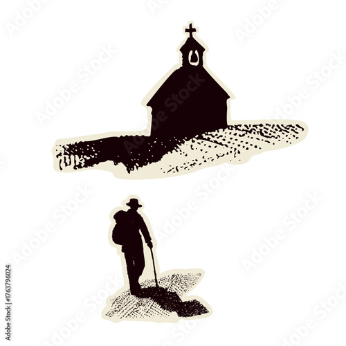 Sketch of pilgrim man with hat, backpack walking on path to little village bell tower church. Faith based Canterbury pilgrims way or Santiago de Compostela Camino religious pilgrimage walk motif. 