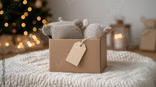Cozy donation box with soft toys and blank tag in holiday setting
