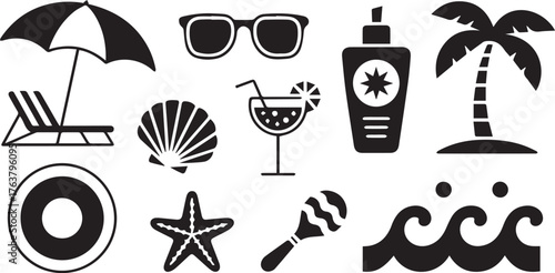 Black and White Beach Icons Umbrella, Sunglasses, Sunscreen, Palm Tree, Seashell, Cocktail
