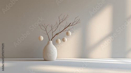 Minimalist branch vase with hanging ornaments in soft natural light