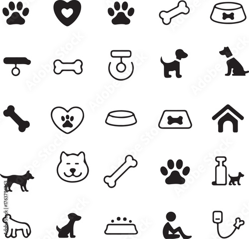 Dog Icons Seamless Pattern Black and White Veterinary Pet Shop Paw Bone Heart Canine Care