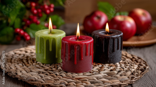 Kwanzaa candles glowing in warm festive setting with red green and black tones