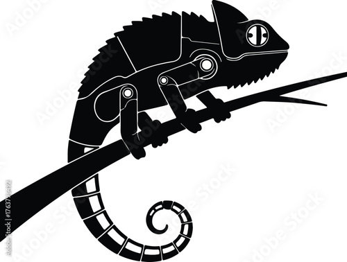 Vector Mechanical chameleon sitting on branch black and white silhouette illustration