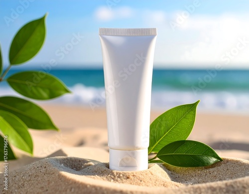 White tube of sun protection product, resting on sun-kissed sand, with vibrant green leaves and a blurred ocean background