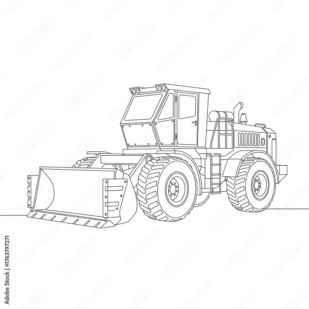 Naklejka premium Industrial Power: A detailed line drawing of a heavy-duty bulldozer, showcasing its robust build and essential role in construction and infrastructure projects.