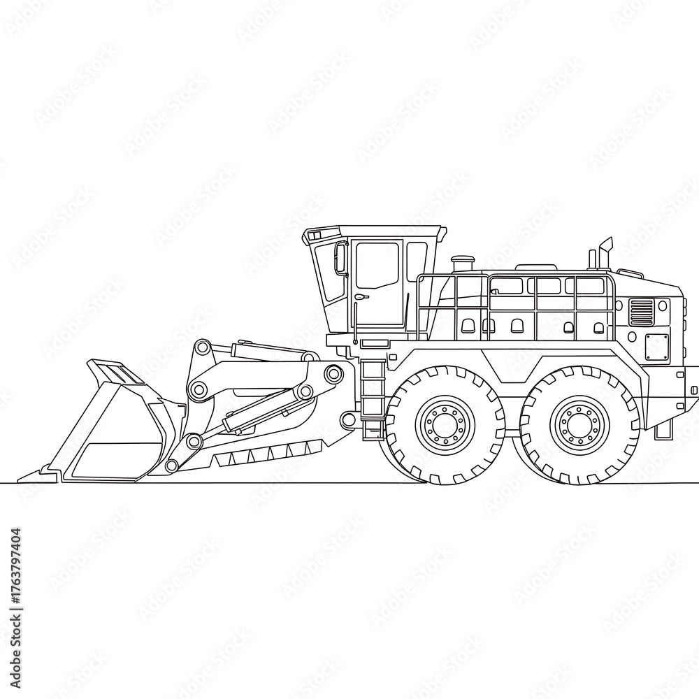 Naklejka premium Industrial Grader Icon: Detailed line art of a heavy-duty industrial grader, showcasing its robust design and functionality for construction and road maintenance projects.