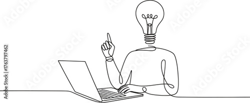 Creative thinker with bright ideas working on laptop, single line drawing style for innovation