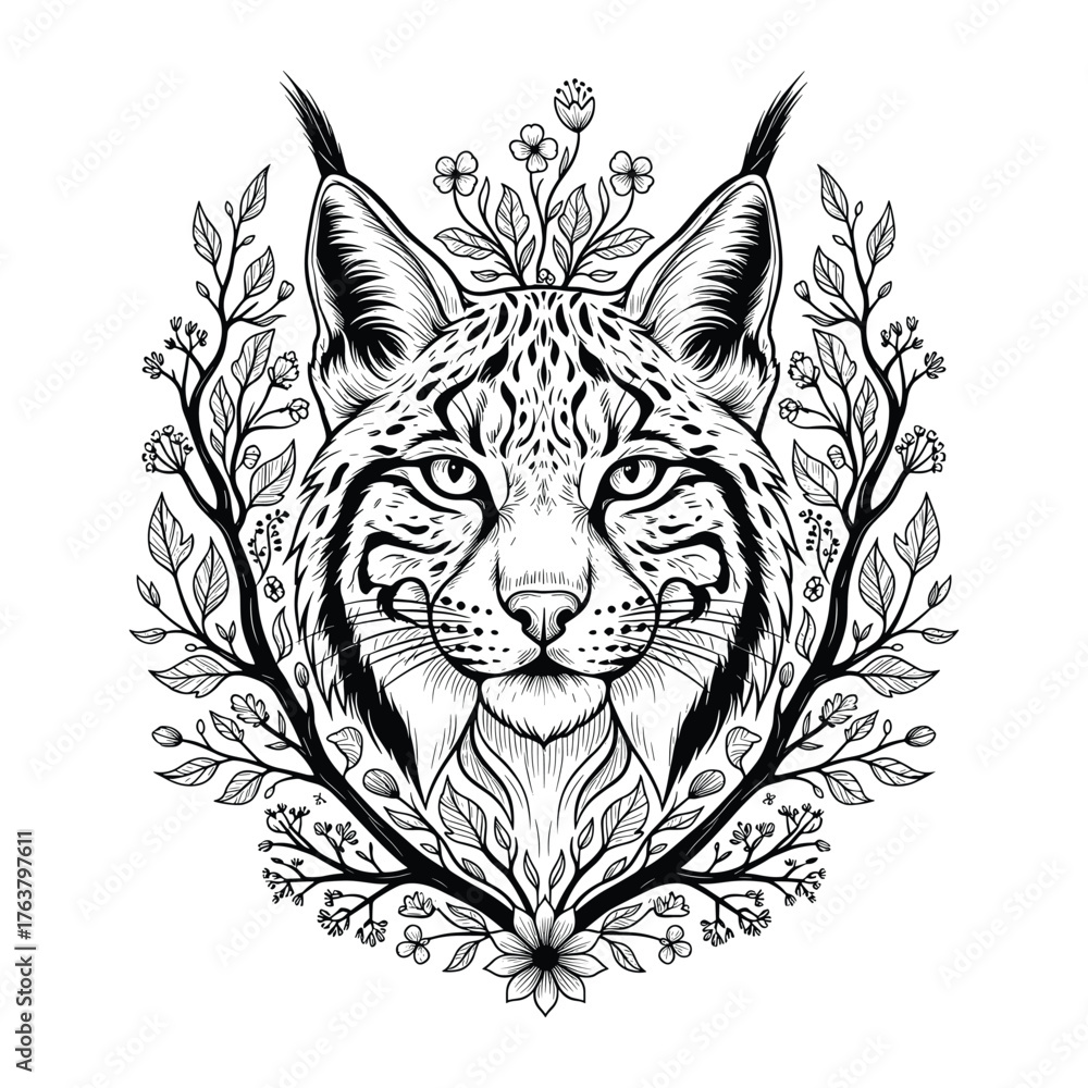Fototapeta premium Black and white illustration of a lynx head surrounded by floral elements bobcat wild cat