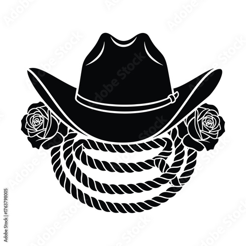 Black silhouette of a cowboy hat with roses and rope on a white background western