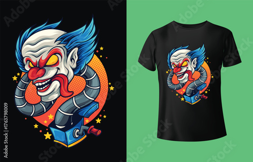 Creepy clown head illustration with mechanical elements displayed on a black t shirt mockup