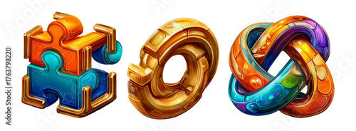 Colorful 3D Glossy Cartoon Icons Featuring Puzzles and Rings in Isolated Style