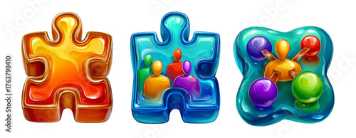 Glossy Cartoon Puzzle Icons in 3D Style with Vibrant Colors and Shapes