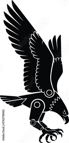 Vector robotic eagle predatory bird mechanical parts black silhouette illustration