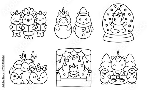 Christmas unicorn and friends, Cute Christmas unicorns and winter characters create joyful holiday scene filled with cheer