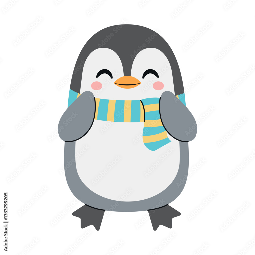 Obraz premium Adorable little penguin wearing a striped scarf. Isolated background. Flat-style vector illustration