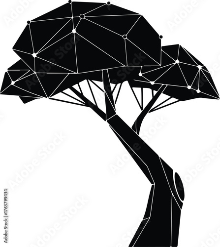 Vector stylized tree with polygonal network design black silhouette illustration