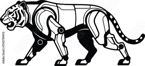 Vector tiger robot walking forward futuristic animal silhouette illustration
