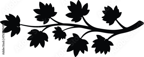 Vector tree branch with leaves black and white silhouette illustration