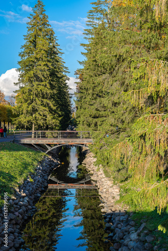 Fish canal with reflection of fir trees in the water in Catherine Park. Pushkin, Saint Petersburg, Russia