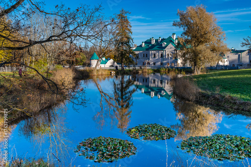 A view of the buildings of Feodorovsky Town reflected in Kovshovy Pond. Tsarskoe Selo, Pushkin, Saint Petersburg, Russia