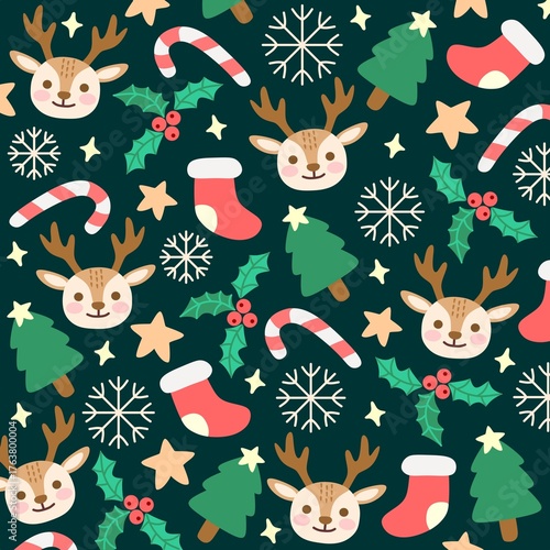 Cute Reindeer and Christmas Tree Seamless Pattern for Holiday Background 