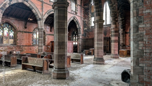 Abandoned church abbey interior. Derelict religious building arches, stone brickwork pillars. Gothic chapel architecture columns, vaulted ceiling arch, deserted pews. Closed empty old place of worship