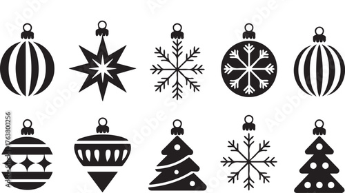 Black and White Christmas Ornament Icons Balls, Snowflakes, Stars, and Christmas Trees