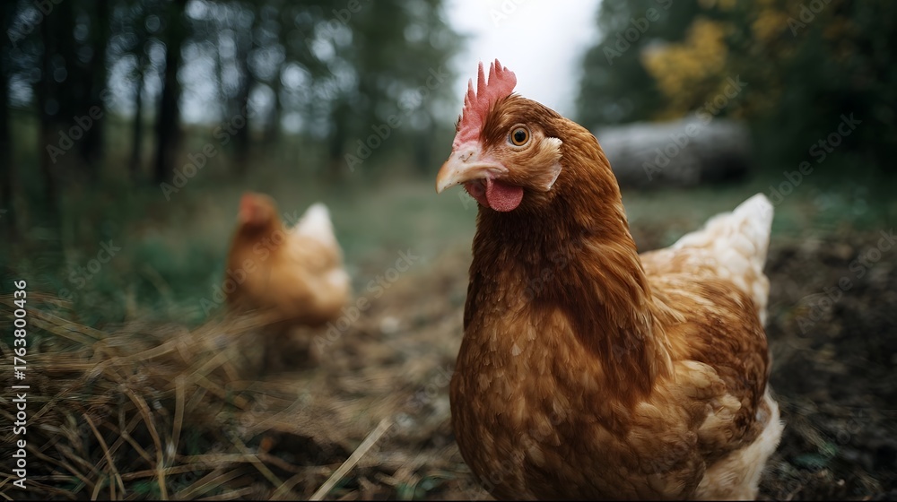 Fototapeta premium A close up portrait of a brown hen with a prominent red comb standing in a natural outdoor environment with another chicken blurred in the background
