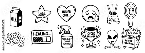 Inner child healing doodle vector set – cute black and white self care icons with emotional wellness and therapy theme