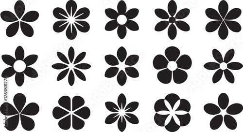 Black and White Flower Icon Set with Various Petal Designs on a White Background