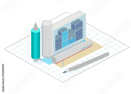 Isometric blueprint of building and house architecture with 3D design and construction plan illustration
