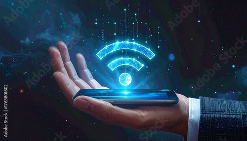 Realistic 3D render of human hand holding smartphone with holographic WiFi icon and glowing global map in background, symbolizing worldwide internet connection