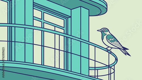 A vector illustration of a blue bird on a metal fence next to an old house with a window and the sky in the background